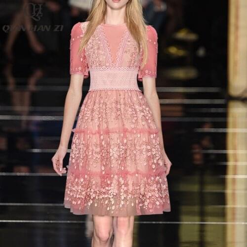 Qian Han Zi summer fashion runway dress Womens short sleeves vintage Slim High-end elegance sweet Party Mesh embroidery dress