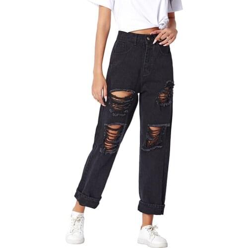 Women Ripped Holes Denim Jeans Ladies Solid Color High Waist Loose Fit Straight-leg Pants with Pockets (Black)