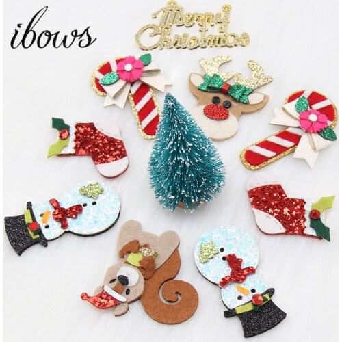 IBOWS 5Pcs/lot Glitter Print Appliques Crutches Socks Elk Santa Claus Snowman for DIY Christmas Hair Clips Sticker Decor Patches