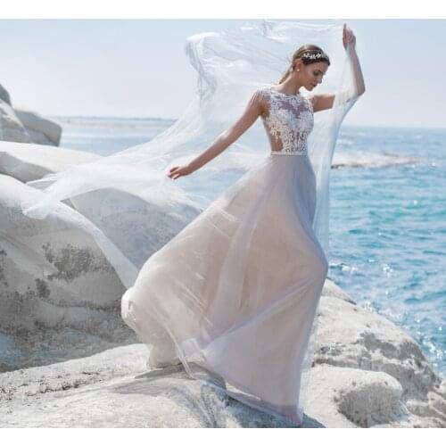 Illusion Bodice O-neck Applique Lace Beach Wedding Dresses Beading Pearls Sashes Backless Tulle Bride Dress vestido de noiva