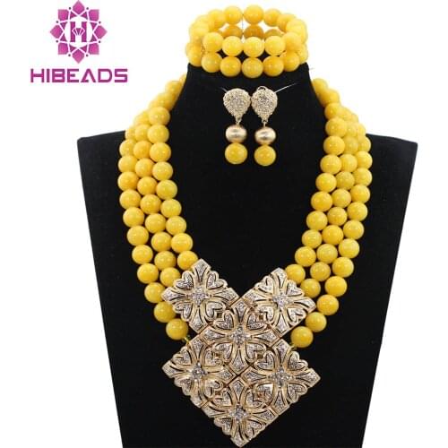 Graceful Yellow African Beaded Wedding Costume Jewelry Sets Big Jewelry Set Gold Pendant Necklace 16 Colors Free Shipping WD952
