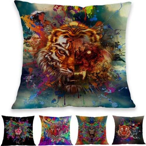 Creative Color Painting Style Colorful Ferocious Tiger Pattern Linen Throw Pillow Case Home Sofa Car Decorative Cushion Cover