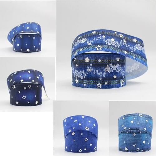 Denim Design Silver Foil Printed Luminous Star Ribbon 10/25/50 Yards Diy Handmade Gift Wrapping Wedding Decoration Ribbon