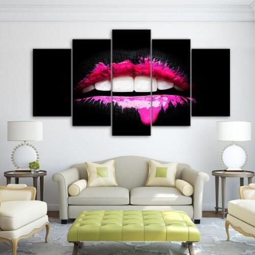 Modular Wall Art Picture Home decoration For Living Room HD Printed Poster Frame 5 Panel Sexy Pink Lips Girl Canvas Oil Painting