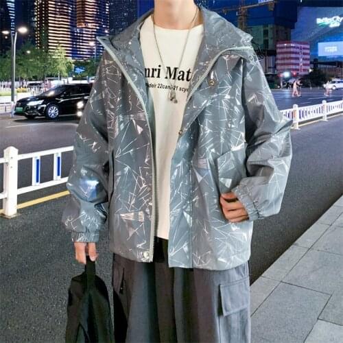 2020 Mens Line Printing Hooded Reflective Jacket Youth Autumn Loose Hip Hop Casual Jacket