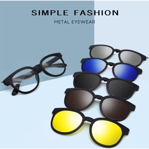 Natuwe&Co Retro Magnetic Clip on Sunglasses Men Polarized 5pc/Set Clear Lens Glasses Frame 48-19-140 mm