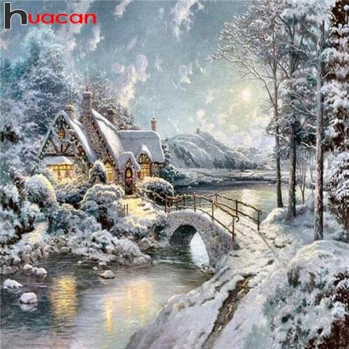 Huacan 5D Diamond Art Painting Kits House Winter Full Diamond Embroidery Mosaic Landscape Handmade Gift Creative Hobbies