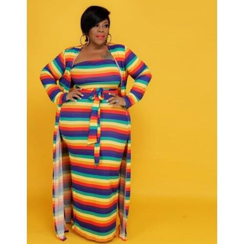 ZKYZWX Plus Size Fall Winter Striped 2 Piece Set Off Shoulder Skinny Maxi Dresses Long Sleeve Cardigan Women Sexy Matching Sets