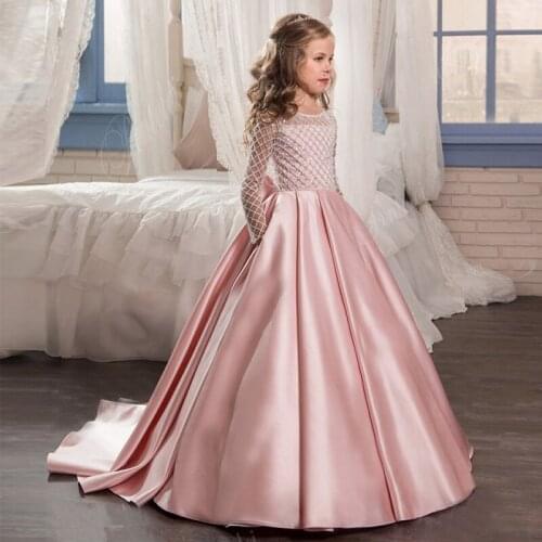 Stain Sweep Train Formal Flower Girl Dresses Long Sleeve New Arrival Glitz Ball Gown Girl Dress First Communion Dress With Bow