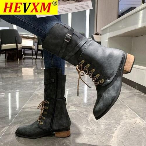 Winter Snow Boots Women Shoes Ladies Western Boots Square Heel Rivets Shoes Lace Up Rome Middle Tube Boots Knight Shoes 35-43