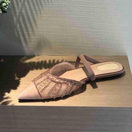 Mesh Slippers Women Rhinestone Women Shoes Pointy Mules Shoes Summer Zapatillas Mujer Med Heels Chaussure Femme Large Size 35-42