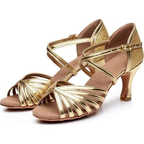 Womans Latin Dance Shoes Girls Tango Dancing Shoes Women Ballroom Latin Shoes Ladies Outdoor Dancing Heel 5CM Gold/Silver A262