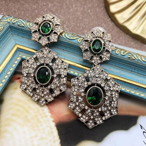 Vintage Retro Earrings Crystal Green Stones Luxury Gorgeous Statement Pendant Femme Bridal Jewelry