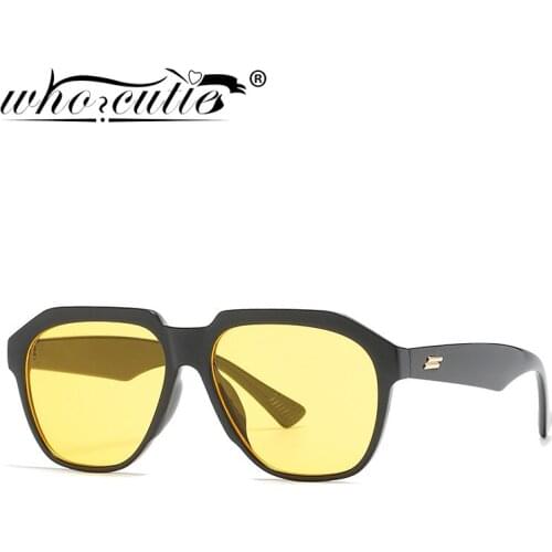 WHO CUTIE Rivets Square Yellow Sunglasses Women 2021 Brand Designer Fashion Blue Frame Cat Eye Sun Glasses Shades Sunnies Oculos