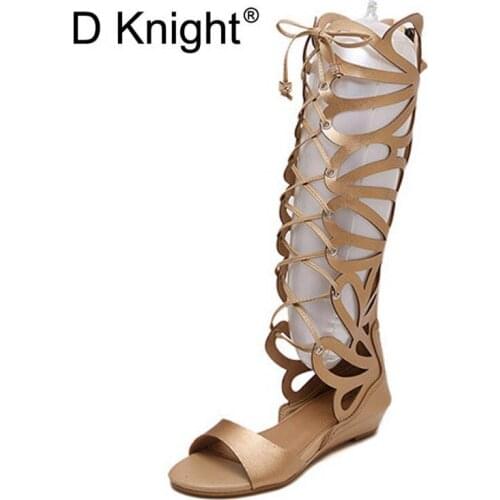 New Fashion Womens Cut-outs High Top Gladiator Sandals Ladies Casual Wedge Sandals Sexy Knee High Rome Sandals Size 35-40