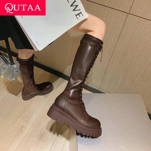 QUTAA 2021 PU Leather Lace Up Zipper Knee High Boots Square Heel Autumn Winter Women Shoes Casual Round Toe Long Boots Size34-43