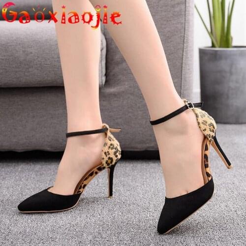 Sexy Leopard Print Cover Heel Women Stiletto Shoes 2021 Summer New Closed Pointed Toe 9.5CM Model Stage Show High-Heel Sandals