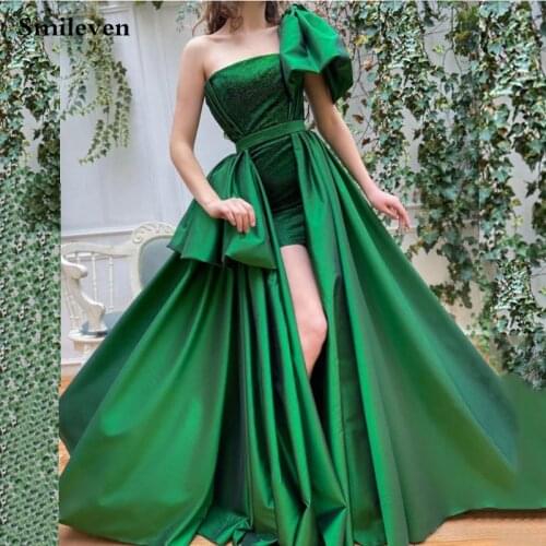 Smileven Green Elegant Satin Evening Dresses One Shoulder Arabic Special Occasion Dresses Side Split Evening Party Gowns