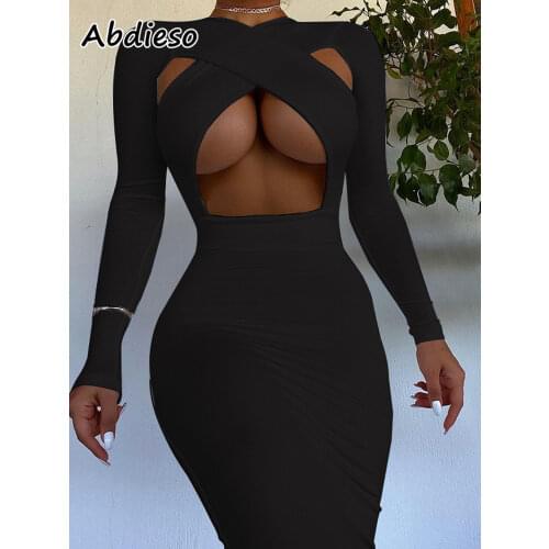 Abdieso Black Cut Out Long Sleeve Maxi Dress Sexy For Women White 2021 Casual Autumn Winter Party Club Bodycon Dress Robe Femme