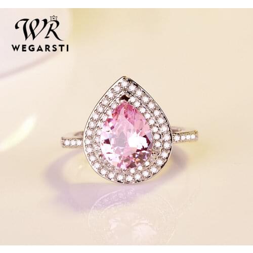 WEGARSTI Heart Shaped Water Drop Zircon Set 925 Silver Jewelry Pink Red European Style Engagement Gift Ring Women Fine Jewelry