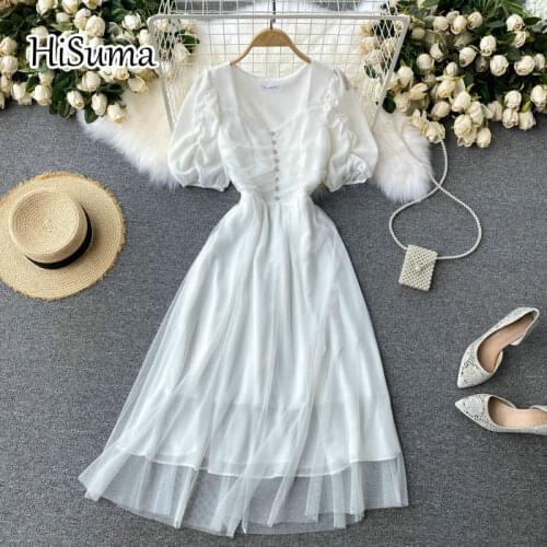 2021 summer new women V-neck puff sleeve waist chiffon with mesh A-line dress female Chic elegant single breasted party dresses