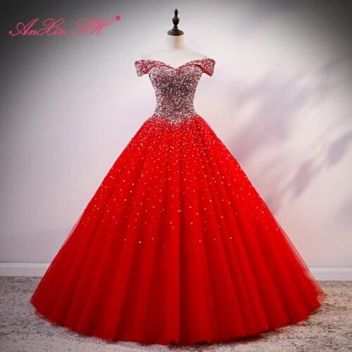 AnXin SH vintage princess red lace beading crystal sparkly boat neck ball gown bride stage wine red lace up host evening dress