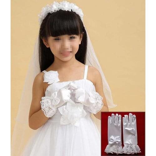 1 Pair Girls Kids White Lace Short Satin Bow Gloves Performance Communion Flower Girl Bride Party Ceremony Accessories