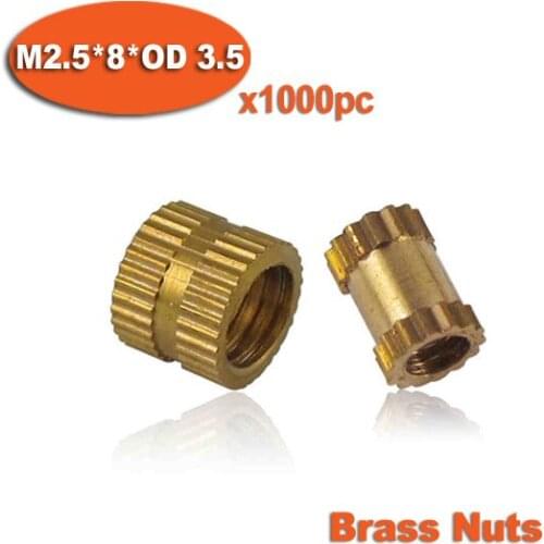1000pcs M2.5 x 8mm x OD 3.5mm Injection Molding Brass Knurled Thread Inserts Nuts