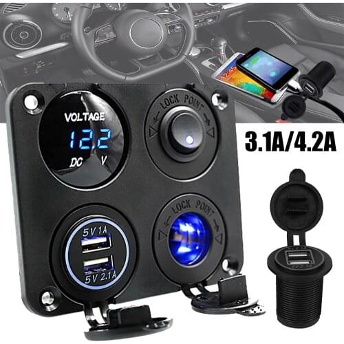 Car Charger Switch Panel Dual USB 12-24V Power Adapter Cigarette Lighter Socket 4 in 1 Panel Waterproof Power Socket Adapter