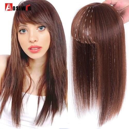 AOSIWIG Long Straight Synthetic Hairpieces With Bangs Overhead Replacement Block Natural Invisible Cover White Hair Extension