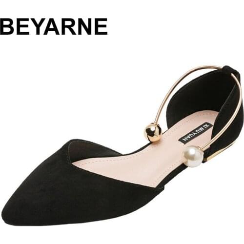 BEYARNE Pearl Ring solid pointed toe flock ballet flats woman loafers shallow slip on shoes women party metal low heels ballerin