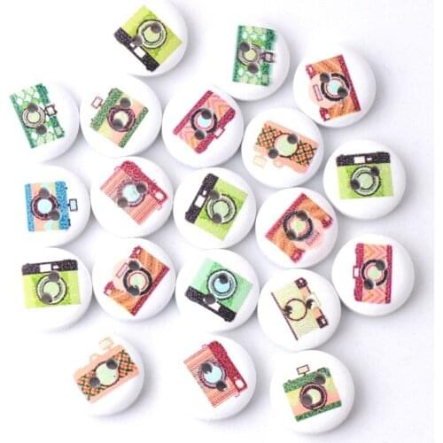 Free shipping -Retail DIY 40Pcs Random Mixed Lovely Round Camera 2 Holes Wood Painting Sewing Buttons Scrapbooking 15mm F0006
