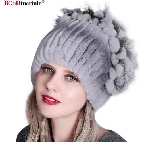 BOoDinerinle Winter Womens Hat Beanie Hat Rabbit Fur Warm Thick Knitting Pompom Fur Hat With Side Macrame Winter Hats For Women