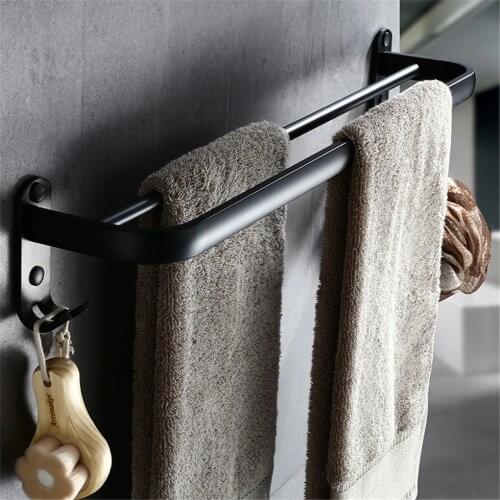 Bathroom 50cm double Bar Black Towel Rack Wall-mounted Black Toilet Space Aluminum Towel Bar with Hook Bathroom Accessories