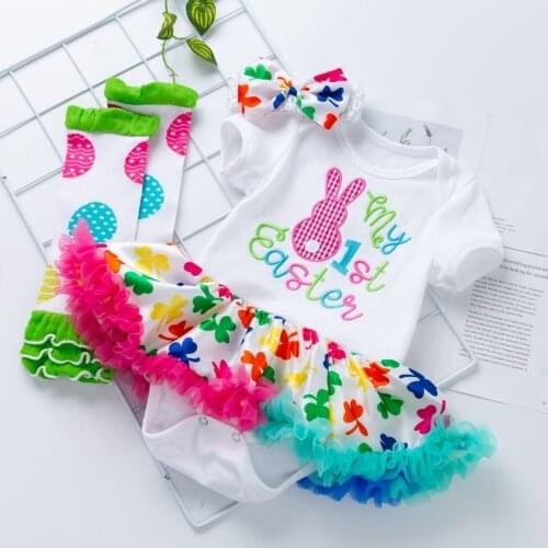 Blotona Baby Easter 3Pcs Suit Set, Kids Floral Print Round Neck Short Sleeve Romper Dress+ Headband/ Bib+ Leg Sleeve 0-24 Months