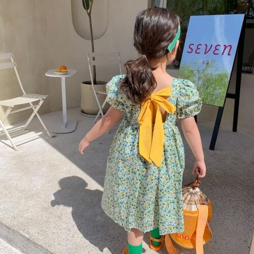 2021 Summer New Children Wear Baby Girl Short Sleeve Sweet Flower Princess Dress With Bow Sukienki Dla Dziewczynek