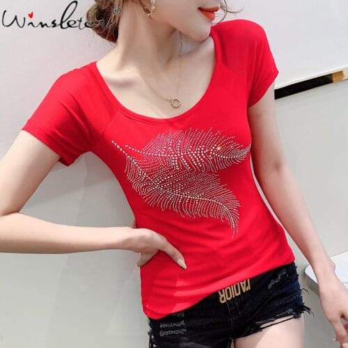 Summer European Clothes Mesh T-Shirt Fashion Sexy O-Neck Shiny Diamonds Plant Leaves Women Tops Short Sleeve Tees 2021 T15208A