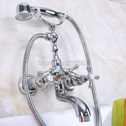 Chrome Wall Mounted Clawfoot Bathtub Faucet Set with Handheld Shower Mixer Taps llna195