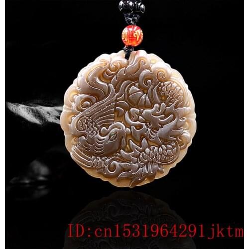 Brown Jade Dragon Phoenix Pendant Amulet Natural Jadeite Men Gifts Charm Carved Jewelry Women Chinese Necklace for Fashion