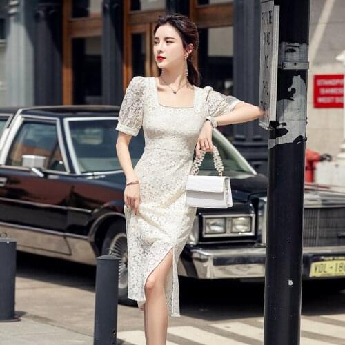 Summer Lace Mermaid Dress Retro Square Collar High Quality Hollow Out Womens Dress 2021 New Side Split Knee Length Dresses