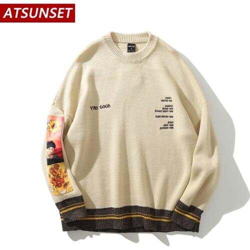 ATSUNSET Art Painter Van Gogh Sweater Men Hip Hop Streetwear Vintage Style Harajuku Sweater Pullover Summer Black Top