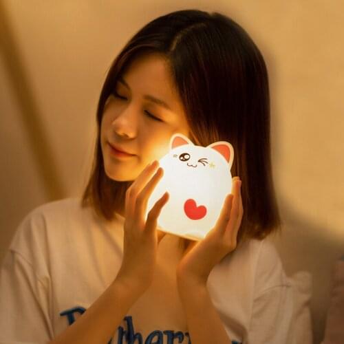 Lovely Kitten Cute Cartoon Animal Cat Soft Silicone Lamps Rechargeable Battery Night Light Gift For Kid Bedroom Table Decoration