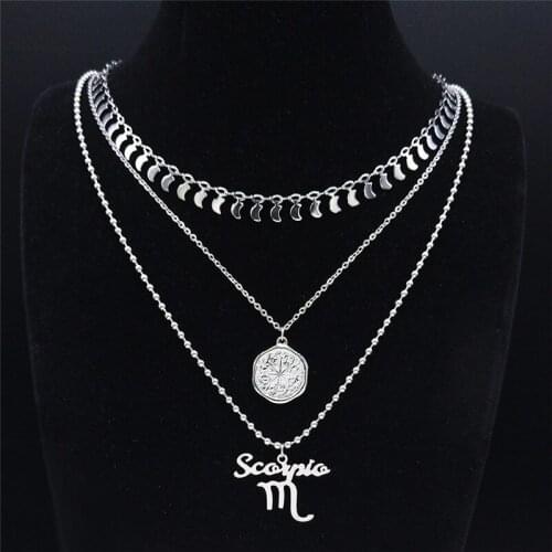 Stainless Steel Scorpio Layer Necklace Chain Women Silver Color 12 Constellations Necklaces Jewelry collier femme NXS04