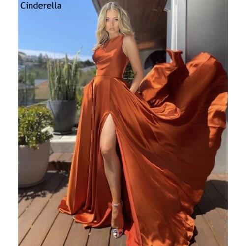 Orange Prom Dresses One Shoulder Side Slit Satin Pleated A-Line Long Prom Dresses With Zipper vestidos de fiesta de noche