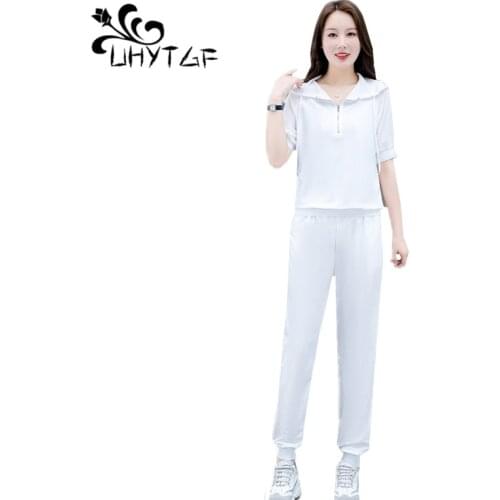 UHYTGF Womens 4XL Plus Size Tracksuit White Black Short Sleeve Hooded Summer Two-Piece Set Pullover Sweatpants Sport Suits 2145