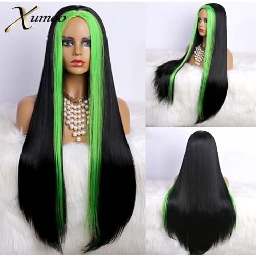 XUMOO Heat Resistant Synthetic Wig Glurless Long Straight Highlight Green Non-Lace Wig Cosplay Party Lolita Wigs For Black Women