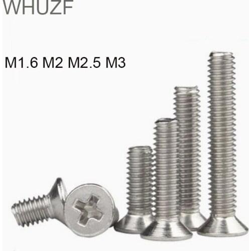 WHUZF Free Shipping 50Pcs M1.6 M2 M2.5 M3 DIN965 304 Stainless Steel Flat Head Countersunk Phillips Machine Screws GB819