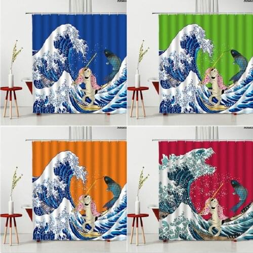 Waves Print Shower Curtains Funny Cat Colorful Background Pattern Bathroom Decoration Water Proof Curtain Bath Screen With Hook