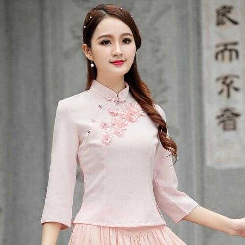 Ladies Pink Cheongsam Blouse Chinese Style Tops Cotton Guzheng Clothes Qipao Shirt Tops Plus Size 4XL