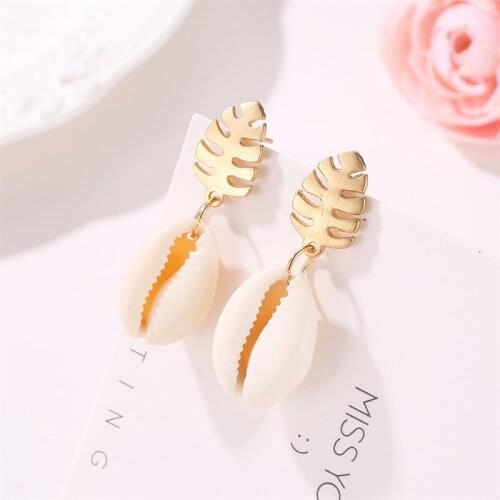 Gold/Silver Color Leaves Shape Metal Earring Female Bohemian Shell Pendant Drop Earrings For Women Summer Beach Party Jewelry